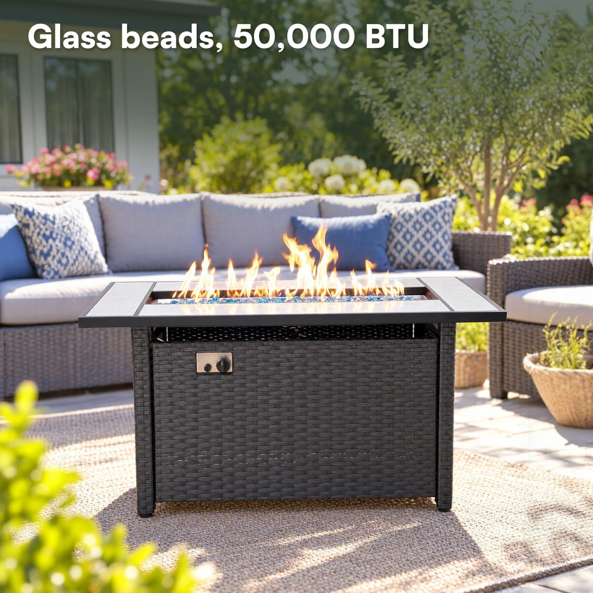 Tirana Propane Fire Pit Table 45" Outdoor Firepit 50, 000 BTU Firepits for Outside with Lava Rocks and Removable Lid