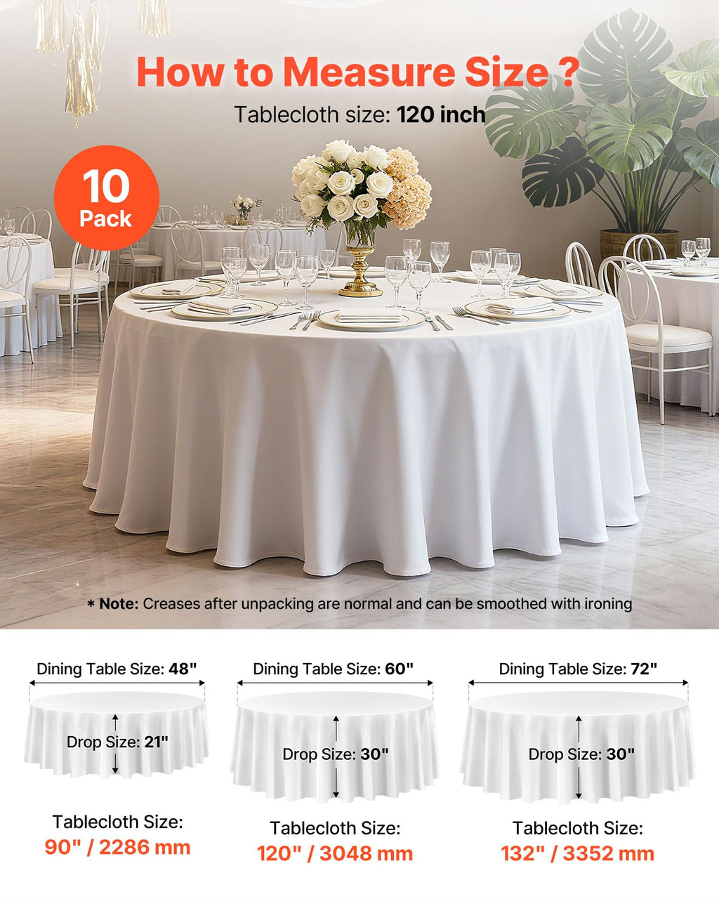 White Round Tablecloths 10 Pack, 120 Inches in Diameter, Stain- & Wrinkle- Resistant, Machine Washable Table Clothes