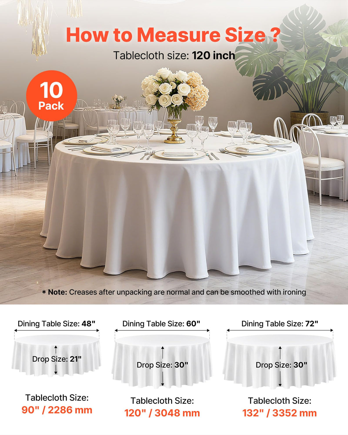 White Round Tablecloths 10 Pack, 120 Inches in Diameter, Stain- & Wrinkle- Resistant, Machine Washable Table Clothes
