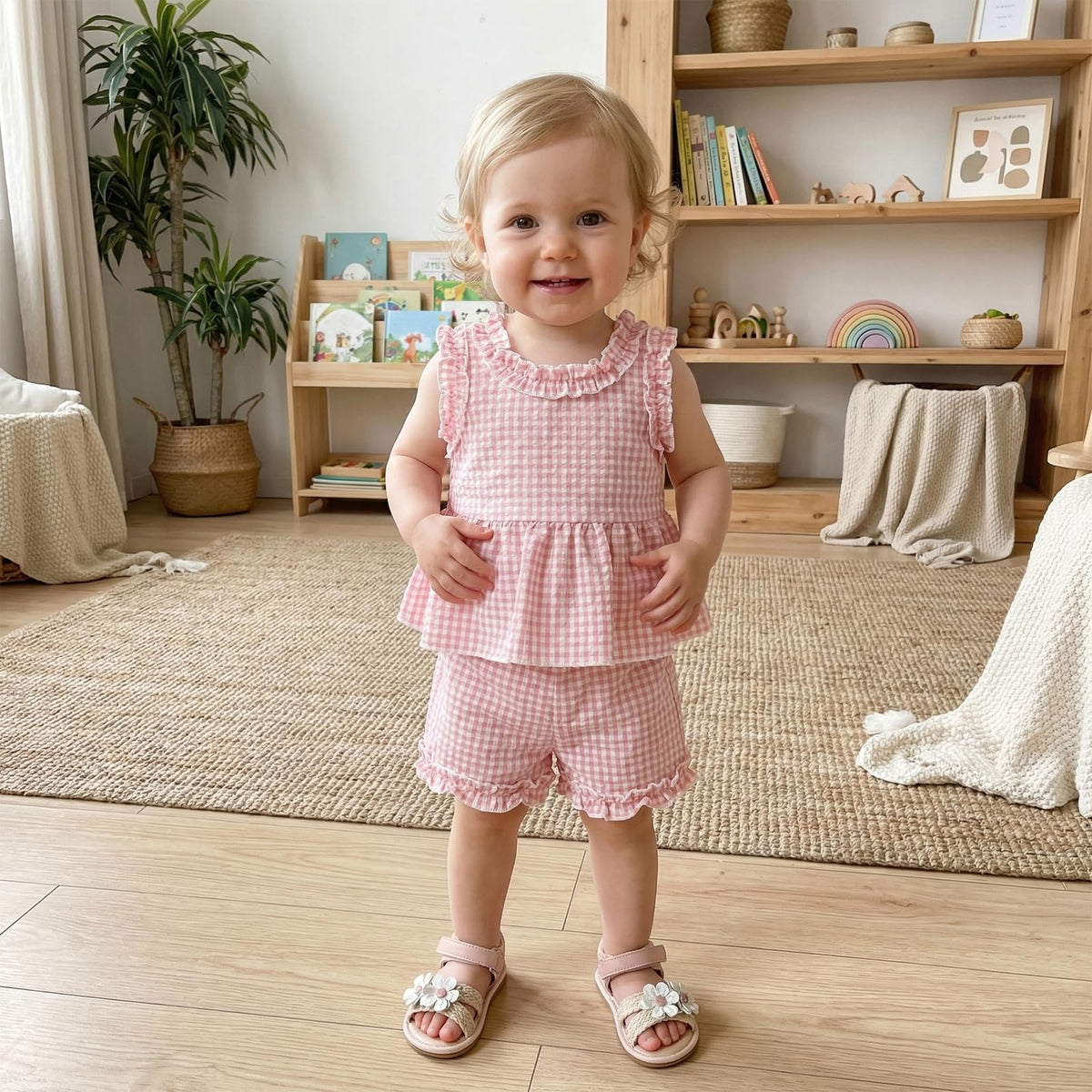 Toddler Baby Girl Summer Outfits Plaid Ruffle Sleeveless Shirt Tank Dress Top and Shorts Summer Clothes Set 2 Piece
