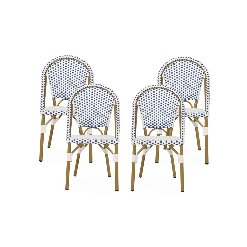 Philomena Outdoor French Bistro Chair (Set of 4), Blue + White + Bamboo Print Finish