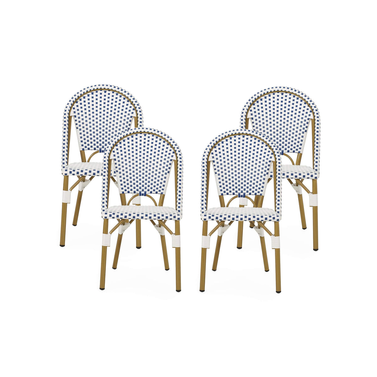 Philomena Outdoor French Bistro Chair (Set of 4), Blue + White + Bamboo Print Finish