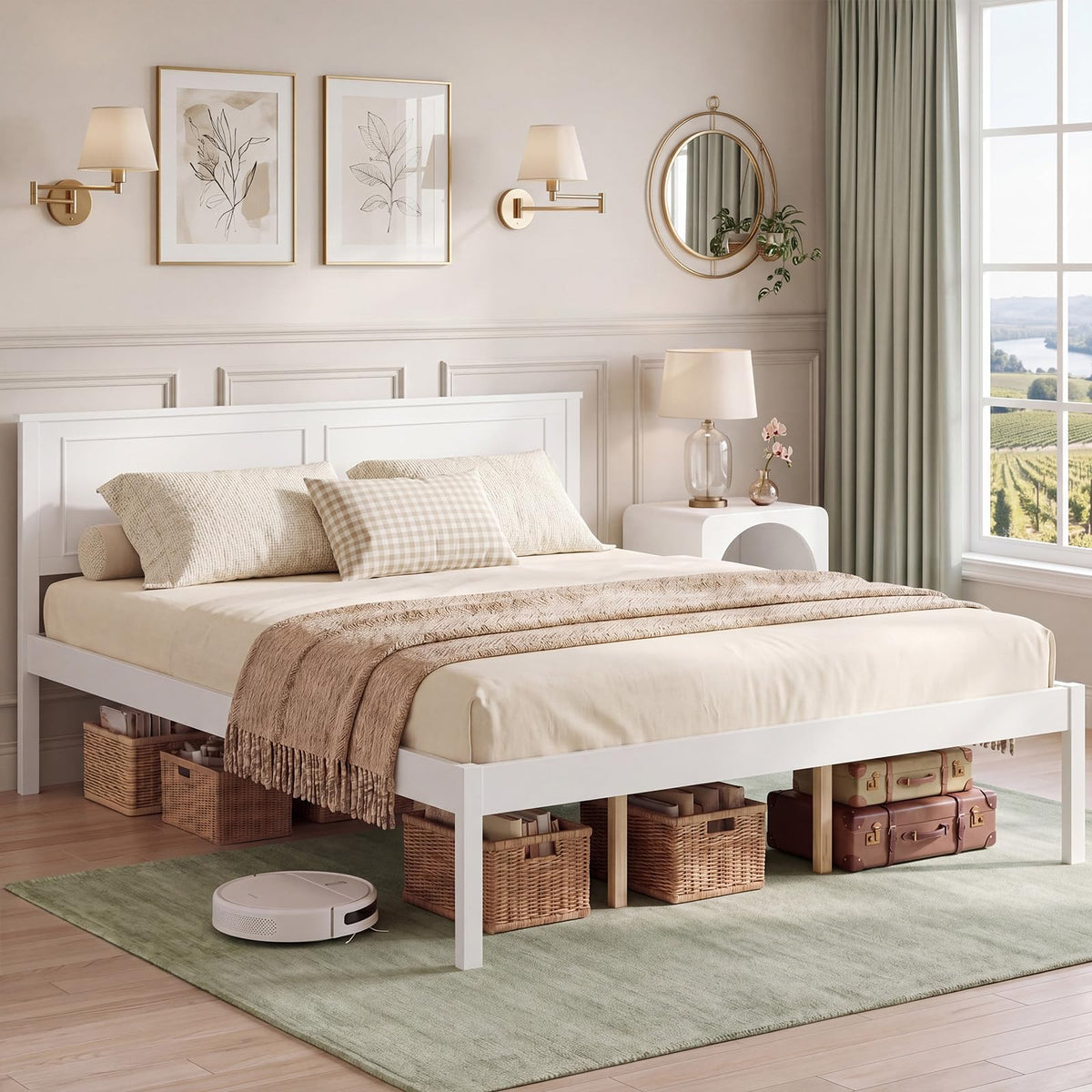 Bed Frame, Farmhouse Wooden Platform Bed with Headboard