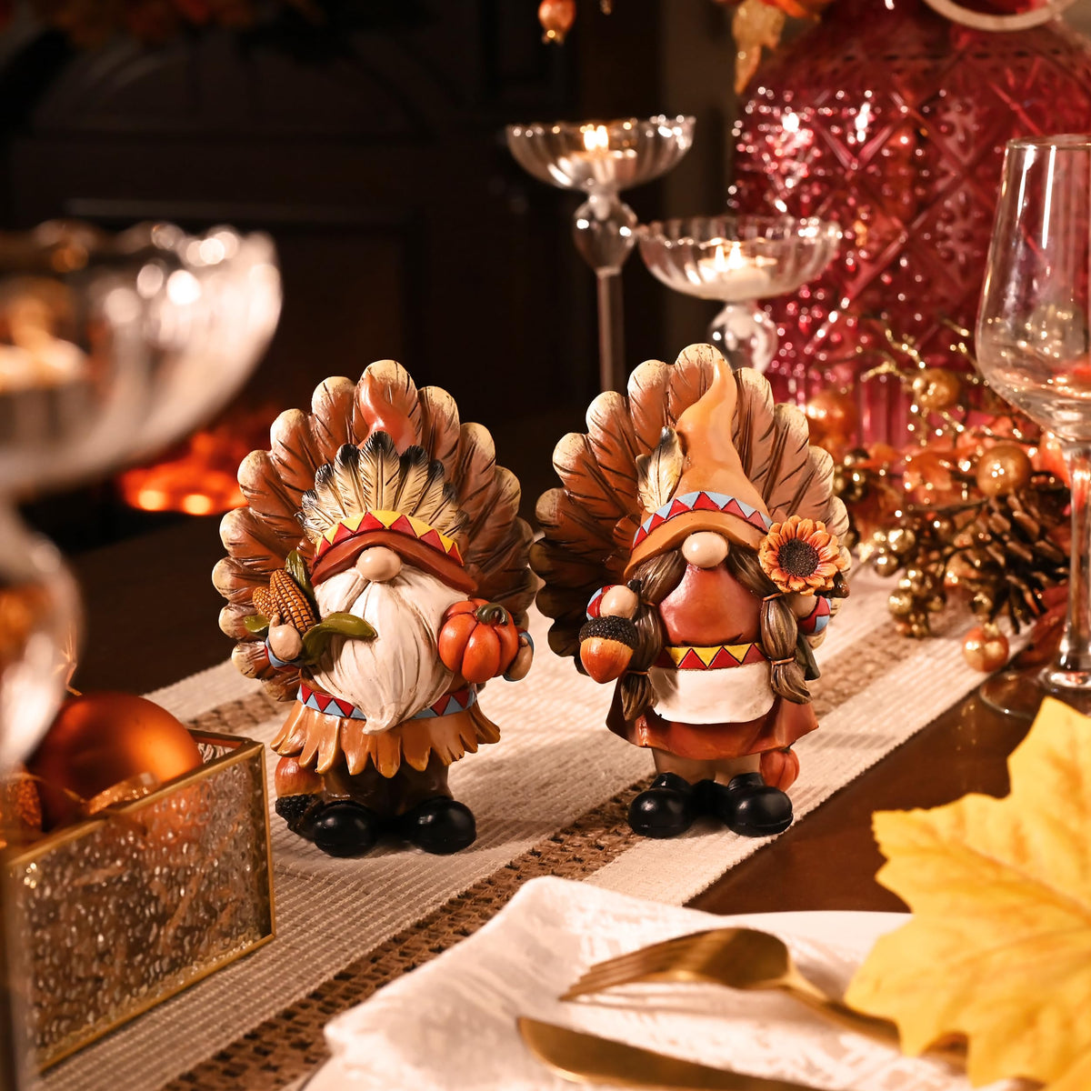 Fall Decorations, 2 Pcs Indian Fall Gnomes Thanksgiving Decor for Table Indoor, Resin Turkey Decorations Native