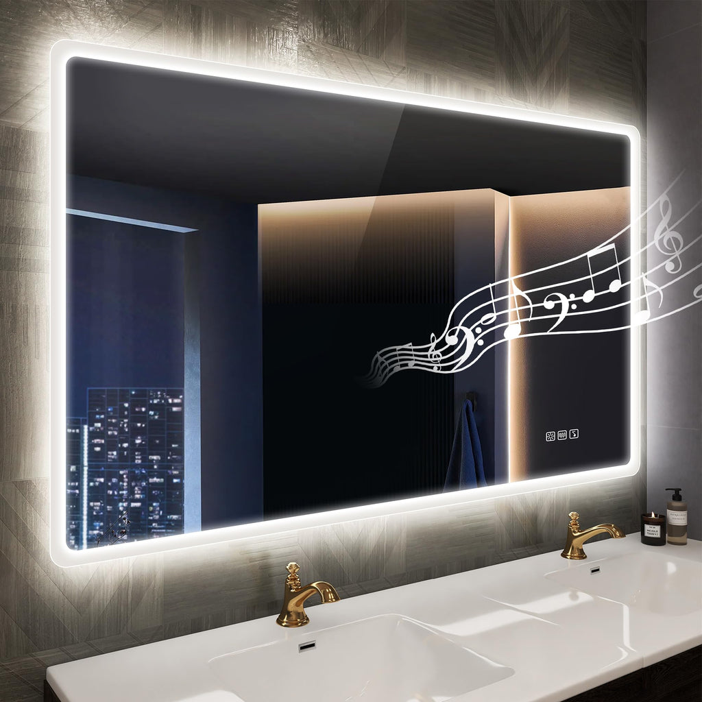 40"x28" LED-Bathroom-Mirror-with-Lights, Wall-Mounted with Bluetooth Speaker, Anti-Fog, 3 Color Temperature, Dimmable