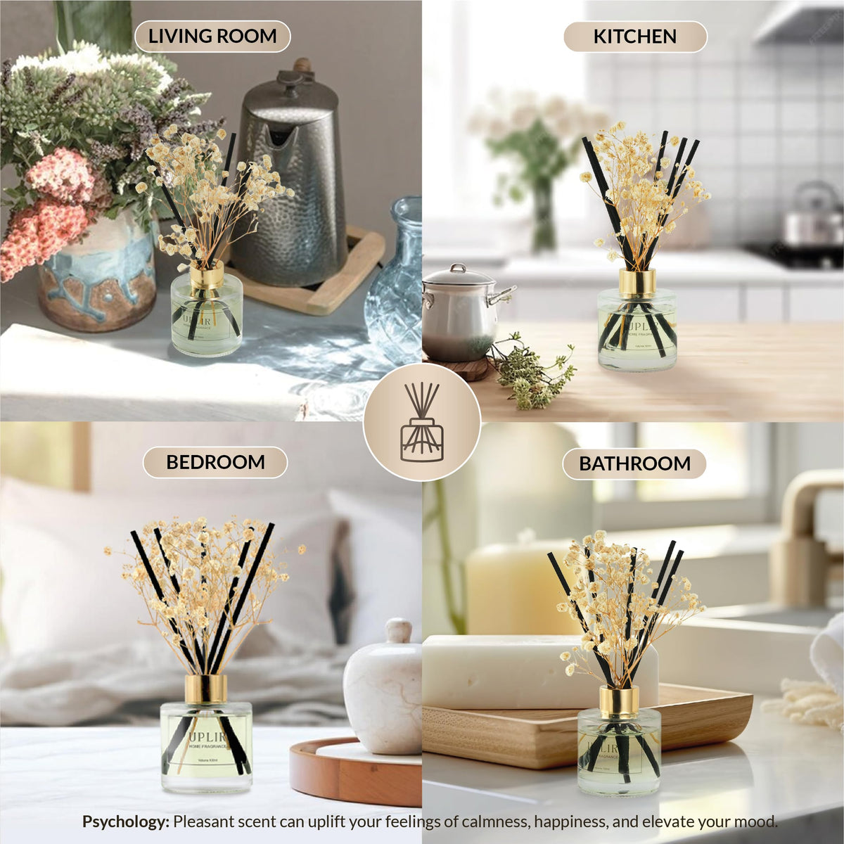 Flower Reed Diffusers with 1 Jasmine & White Tea Double Essential Oil, 3.4 oz (100ml) - Elegant Reed Diffuser Set