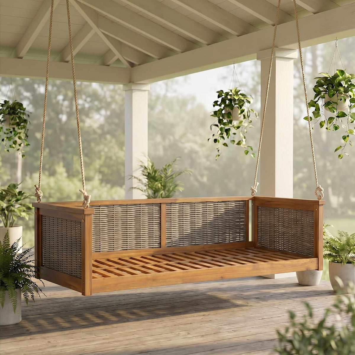 Twin Size Porch Swing Bed, Acacia Wood Outdoor Hanging Daybed with Hemp Rope, Rattan Swing Bench , Backyard, Garden