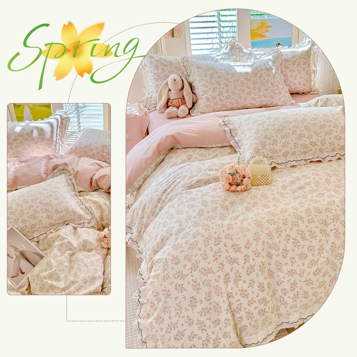 Boho Pink Floral Duvet Cover Twin Size, 100% Cotton Soft Coquette Ruffle Botanical Bedding Duvet Cover Set, Vintage