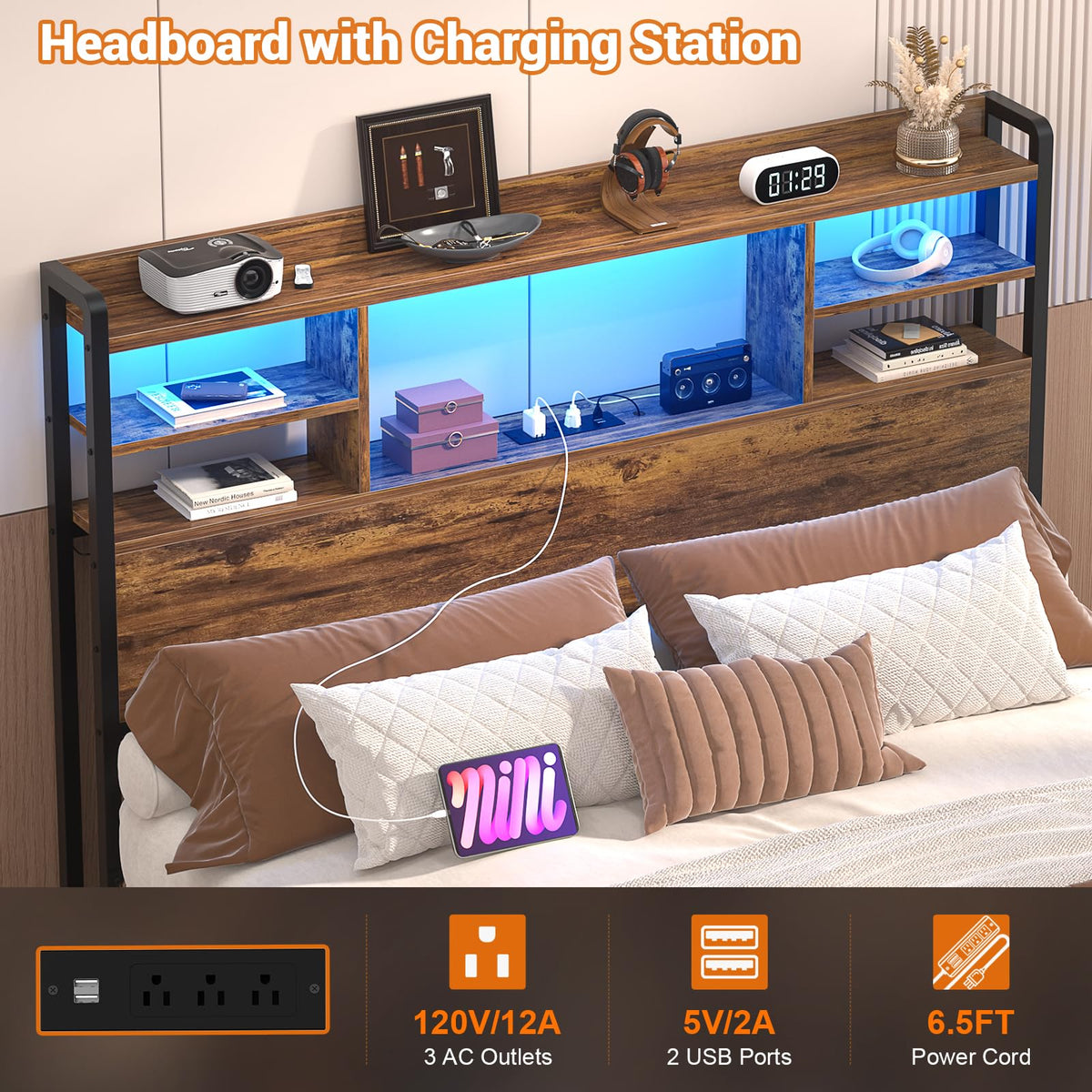 Headboard for Bed with Storage and Outlets, Rustic Brown