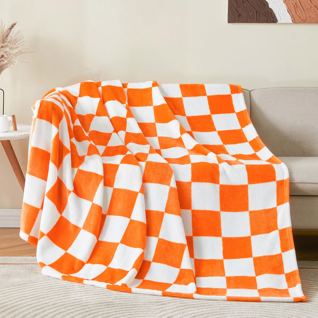 Checkered Fall Twin Blanket for Couch, Orange & White, 60"x80"