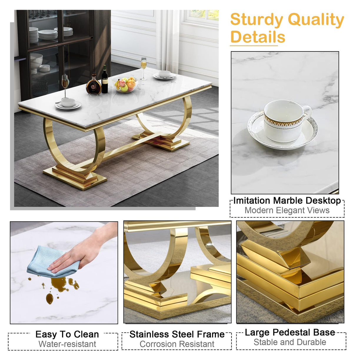 5 Piece Marble Dining Table Set, Modern Gold Kitchen Dining Room Table Set for 4, Luxury 68" White Marble Dining