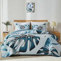 Quilt Bedding Set, White Green Botanical Pattern Light Blue Quilt Set
