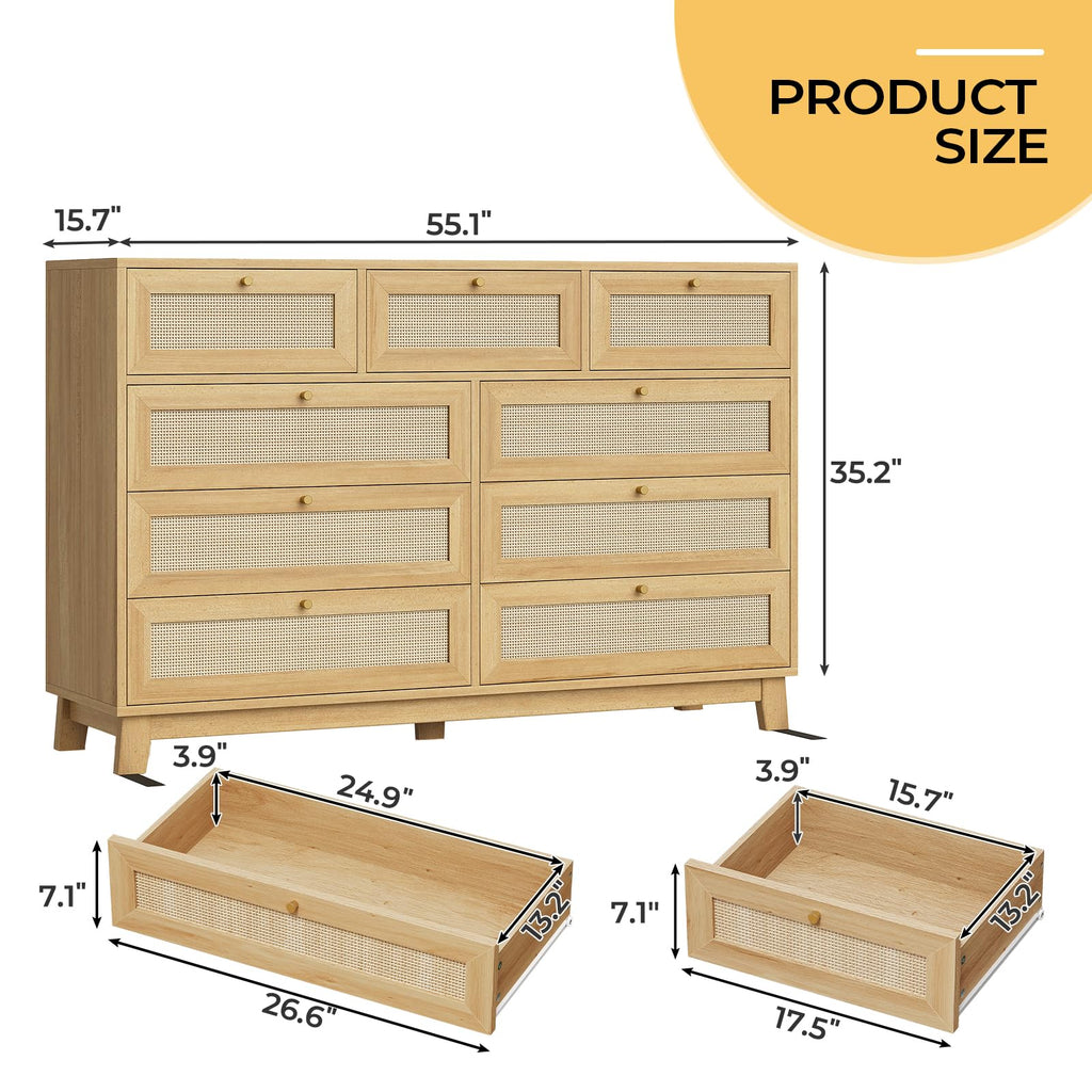 Rattan Dresser with 9 Drawer, Modern Wooden Long Bedroom Dresser, Chest of Drawers with Metal Handle & Solid Wood