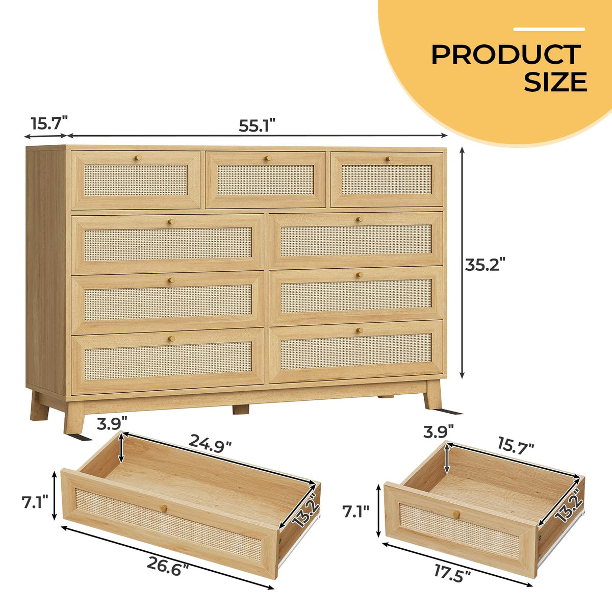 Rattan Dresser with 9 Drawer, Modern Wooden Long Bedroom Dresser, Chest of Drawers with Metal Handle & Solid Wood