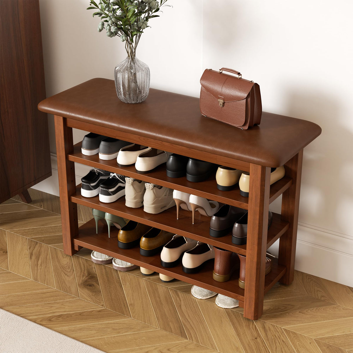 Shoe Rack Bench with Leather Cushion 3-Tier Shoe Rack Organizer Hallway or Living Room Farmhouse Rustic Wooden Seat