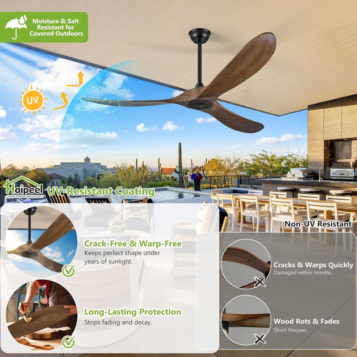 52" Wood Outdoor Ceiling Fan with Remote, No Light