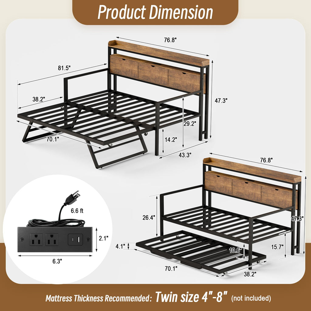 Twin Metal Daybed with Pop Up Trundle, Twin to King Expandable Bed Frame with Storage Headboard & Charging Station
