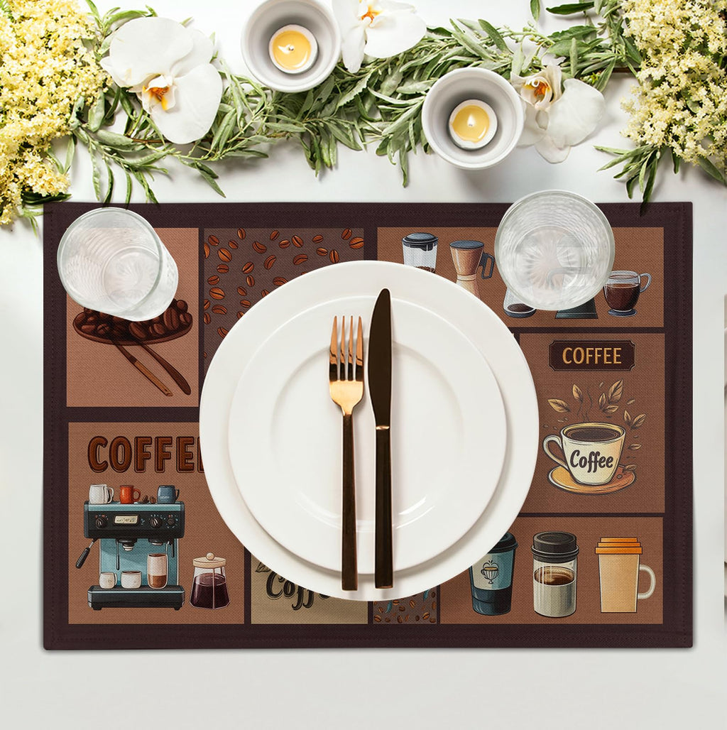 Coffee Theme Placemats Set of 4 Farmhouse Style Brown Linen Fabric Table Mat 12x18 Inch Washable Heat Resistant