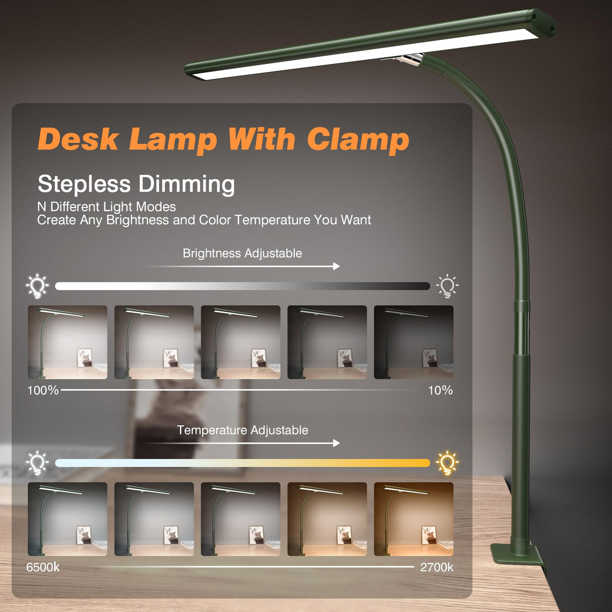 LED Desk Lamp with Clamp, 17" Stepless Dimming Light, Green