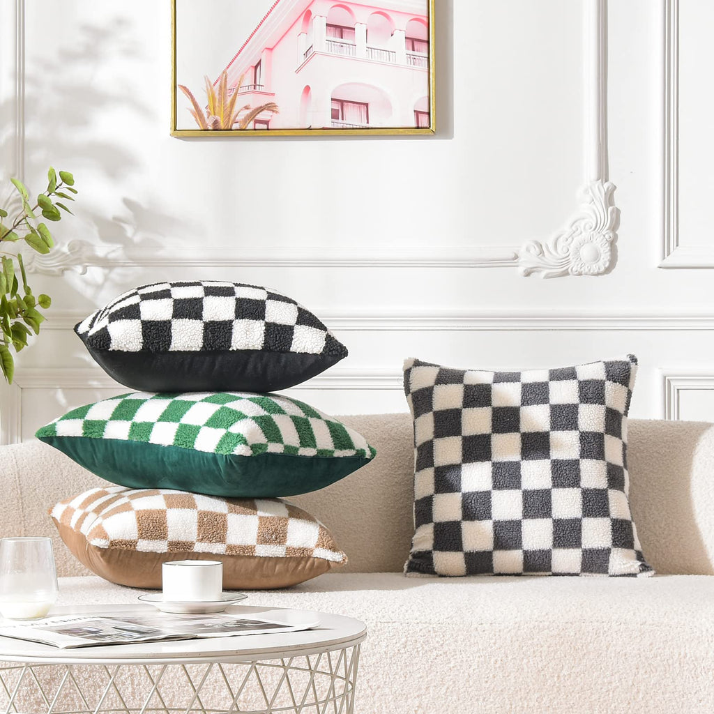 Decorative Throw Pillow Covers - Soft Sherpa Checkerboard Cushion Covers Faux Fur Pillow Cases for Sofa Bedroom