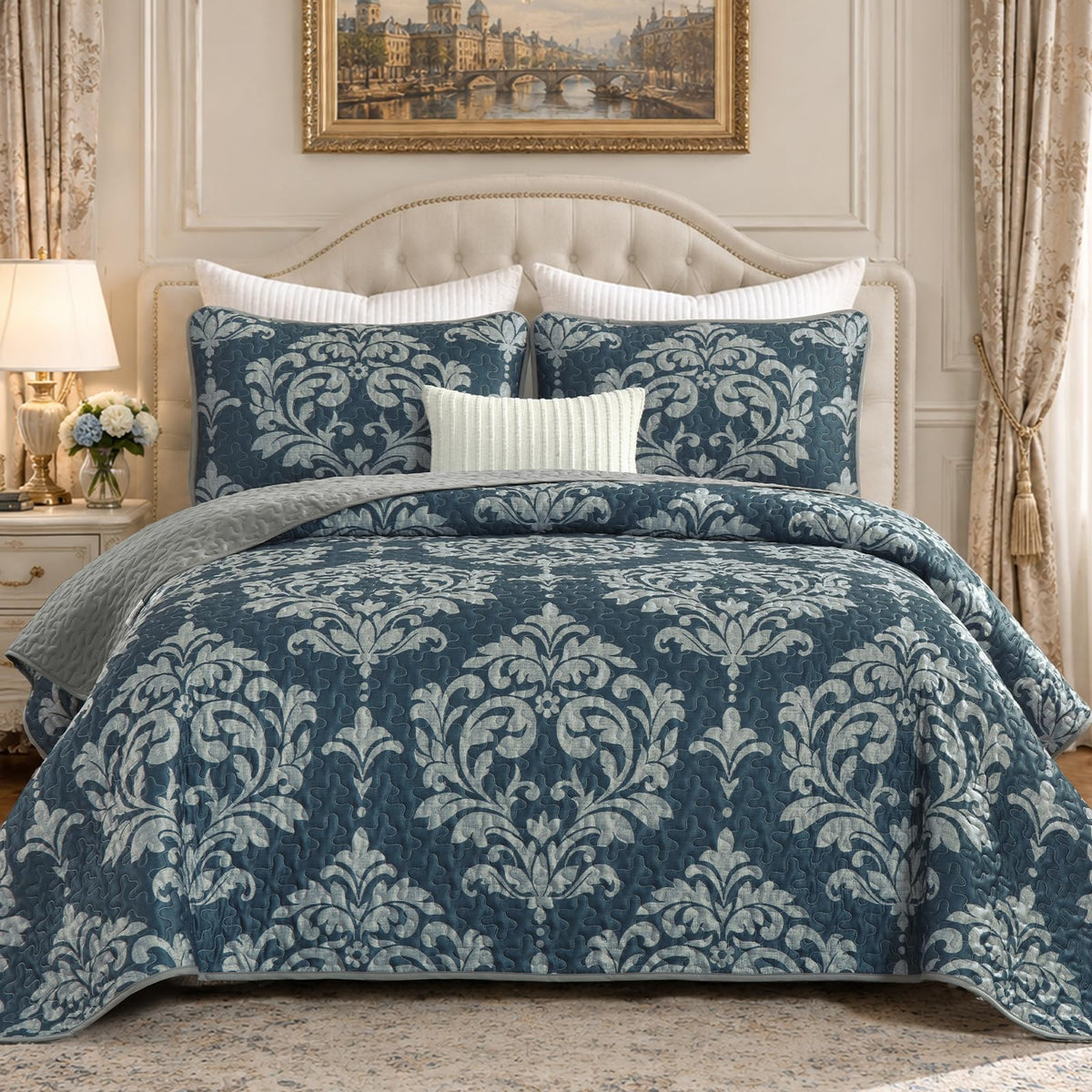 Quilt Bedding Set Navy Damask Bedspread Coverlet 3-Piece