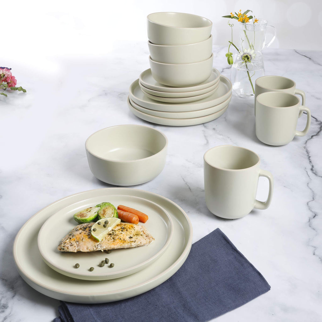 Zuma 16 Piece Round Kitchen Dinnerware Set, Dishes, Plates, Bowls, Mugs, Service for 4, Matte Stoneware, Cream