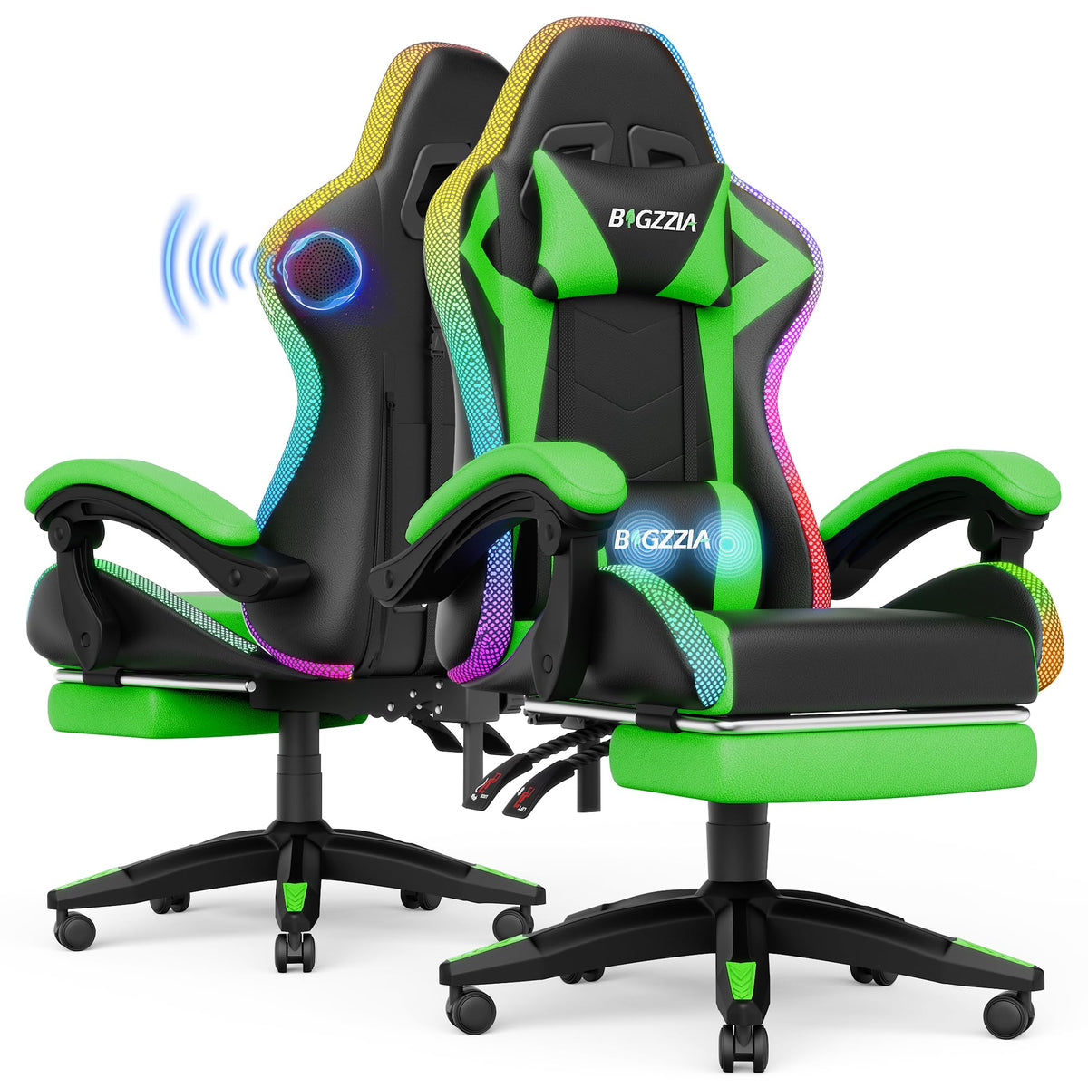 Gaming Chair with Massager & Speakers, LED Gamer Chair, Green