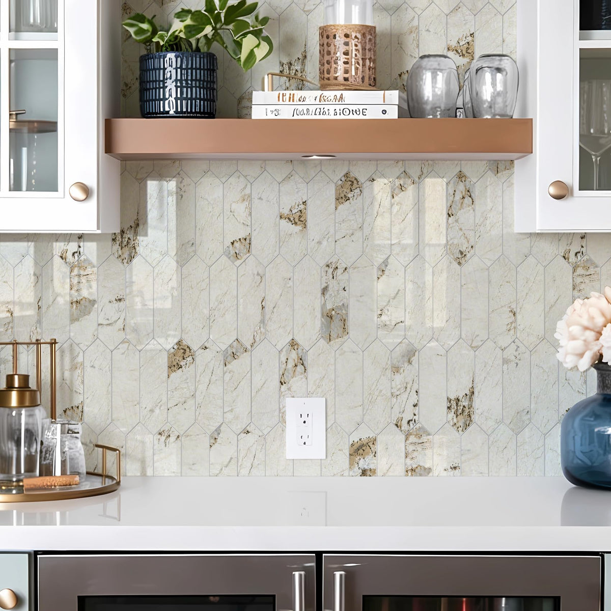 Glossy Pandora Marble with Gold Veining Backsplash Tile Peel and Stick, 12.8 x 12.8 Inch 10 Sheets Long Hexagon PVC
