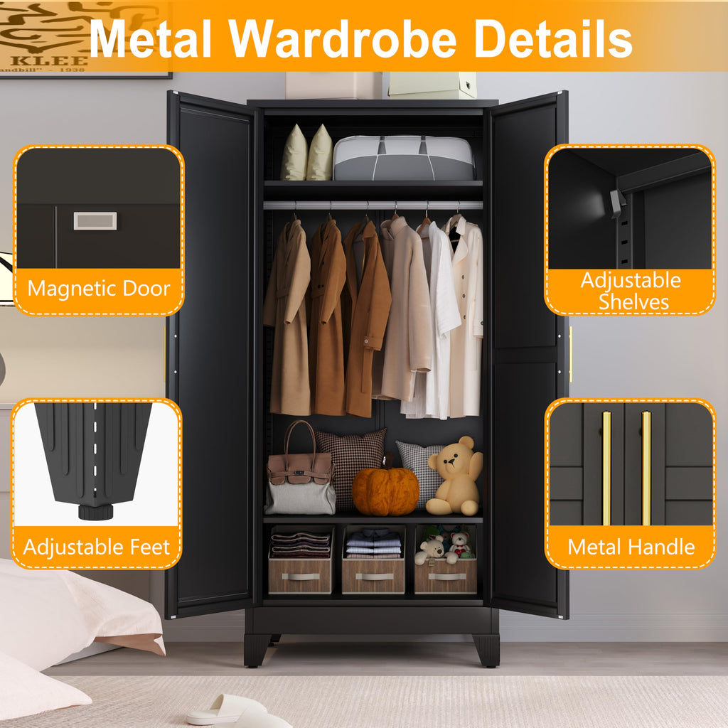 71" H Metal Armoire Wardrobe Closet with Mirror,Adjustable Shelve, Clothes Drying Pole, Steel Wardrobe Cabinet (Black)