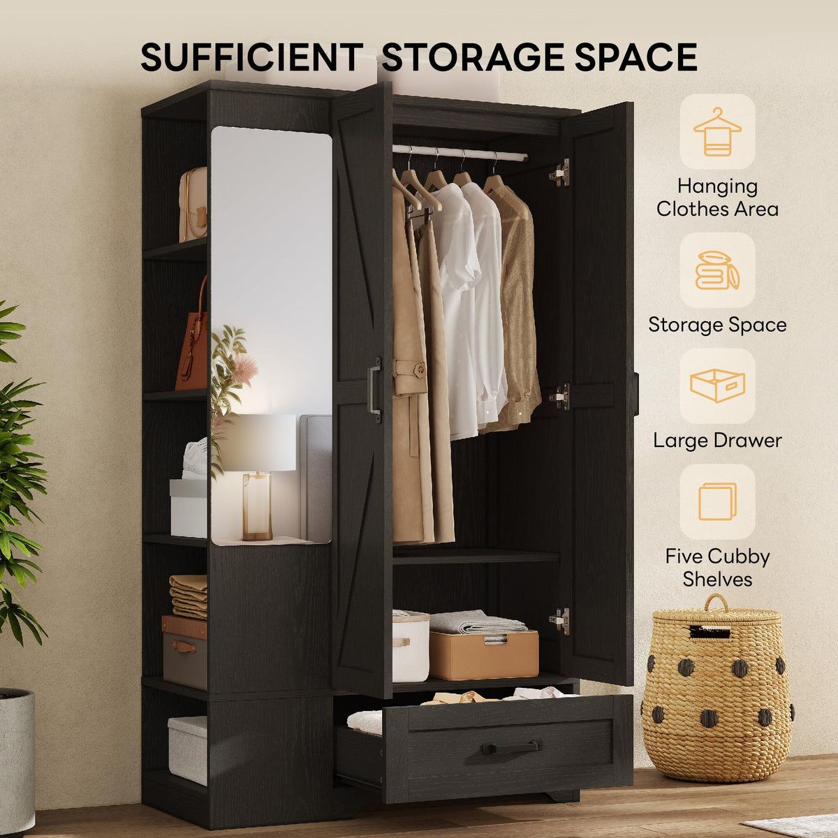 Armoire Wardrobe Closet 70 Inches, Large Storage with Mirror, 2 Doors, Drawer, and Shelves, Modern Bedroom