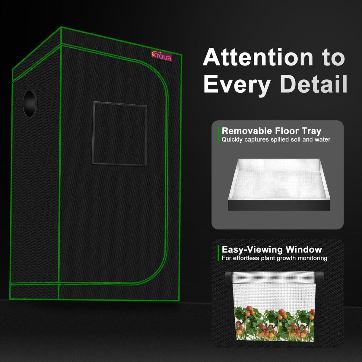24"x24"x48" Grow Tent, Reflective 600D Mylar, Hydroponic Grow Tent with Observation Window and Floor Tray for Indoor