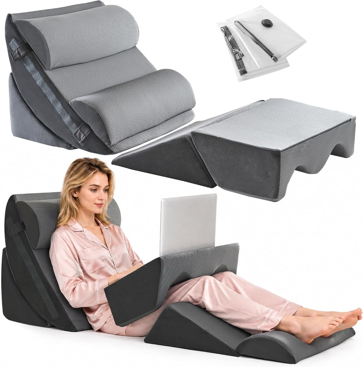 6-Piece Upper Body Rest Wedge Pillow Set for Post-Surgery, Grey | Orthopedic Memory Foam Support, Elevated for