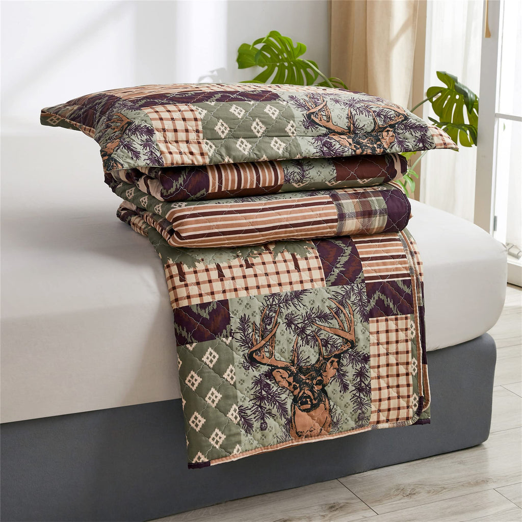 3-Piece Moose Pine Tree Reversible Quilt Set, Checked Color Stripe Rustic Home Lodge The Wilds Quilted Bedspread