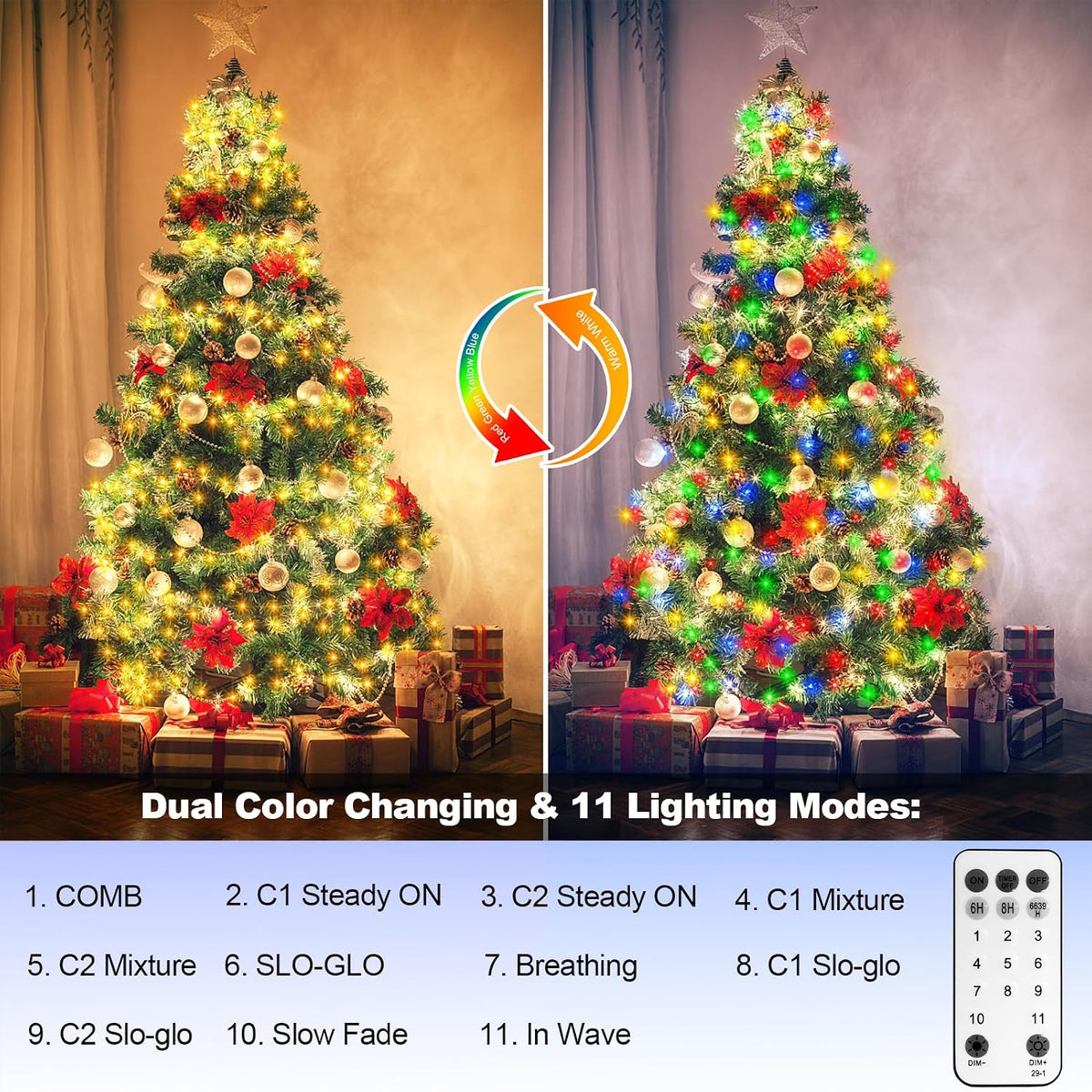 Dual Color 50Ft 1000 LED Cluster Christmas String Lights with Remote Timer