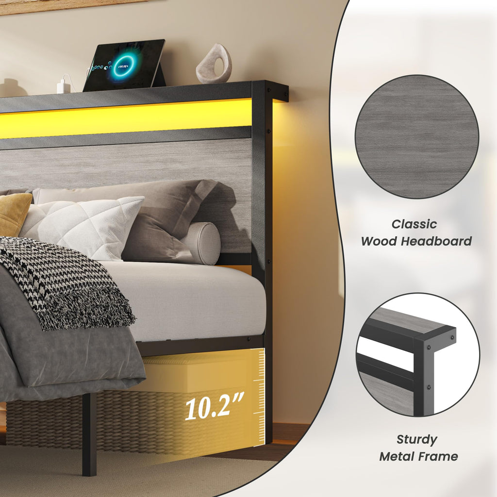 Bed Frame with Storage, Wood Headboard with Fast Charging Station, LED Lights, Platform Bed Frame