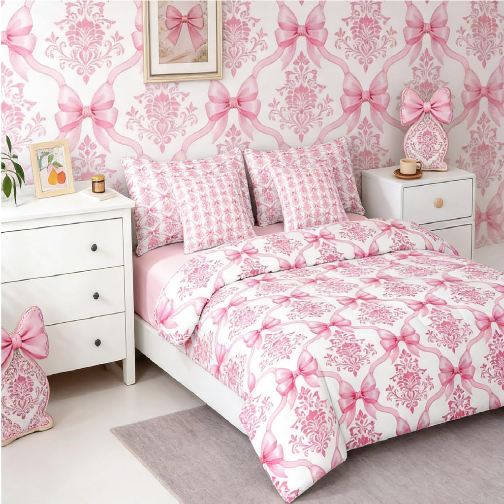Pink Bow Decor Victorian Queen Comforter Set with Sheets | Antique Damask 7-Piece Bedding Set Gothic Baroque Floral