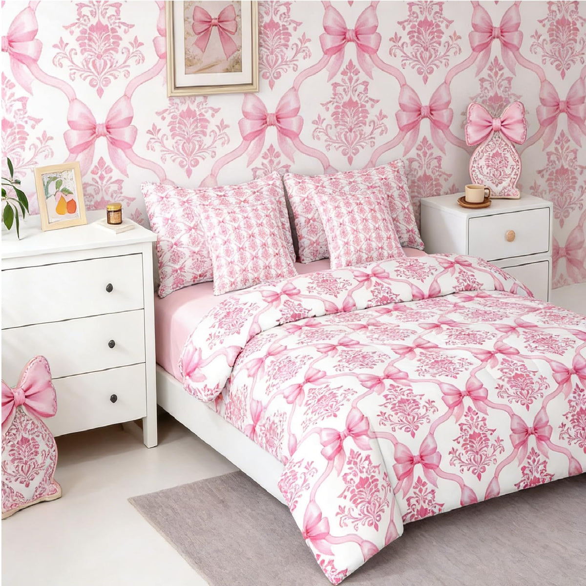 Pink Bow Decor Victorian Queen Comforter Set with Sheets | Antique Damask 7-Piece Bedding Set Gothic Baroque Floral