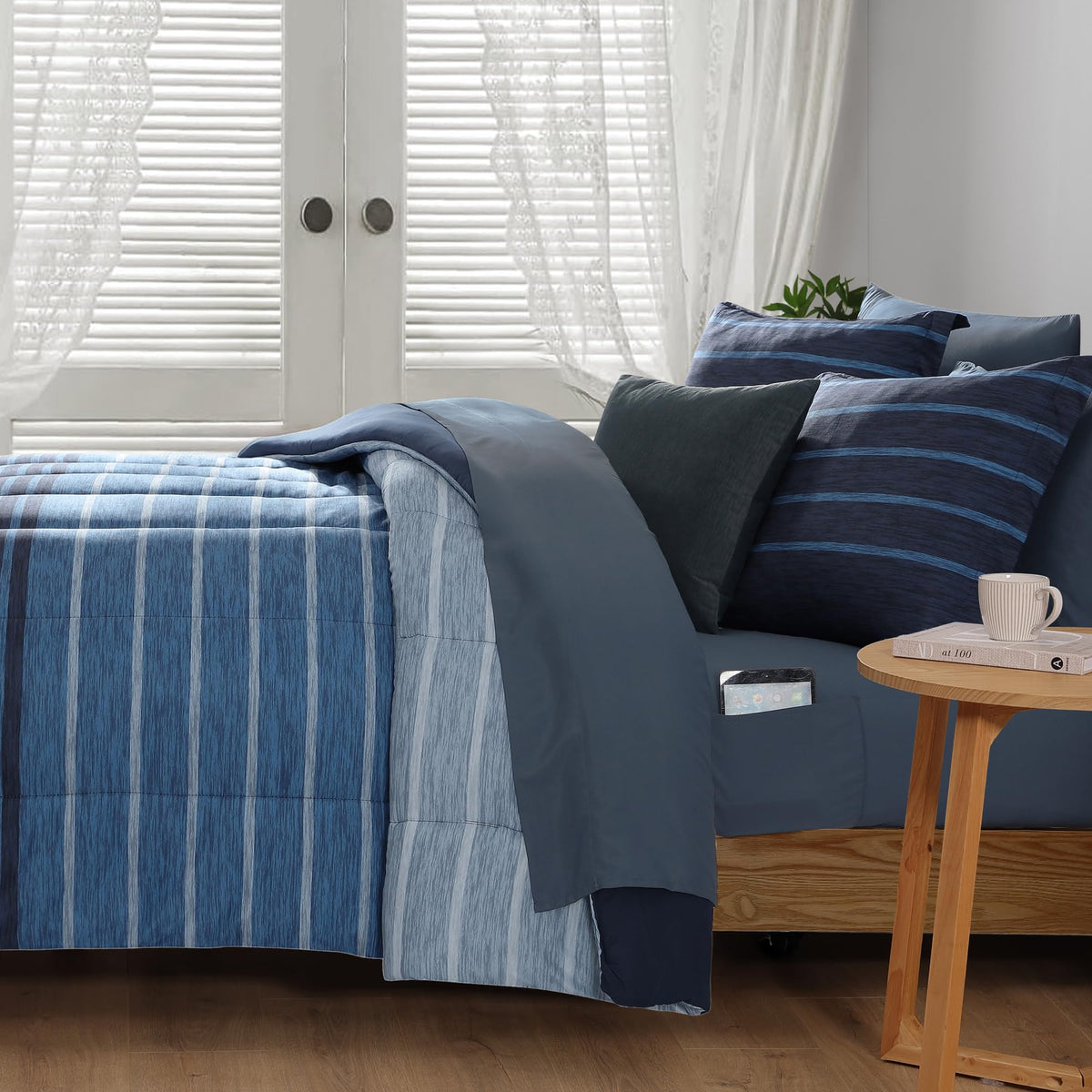 Comforter Set - 7 Pieces Bed in a Bag, Navy Blue-Stripe Bedding Sets, All Seasons Comforter Bed Set