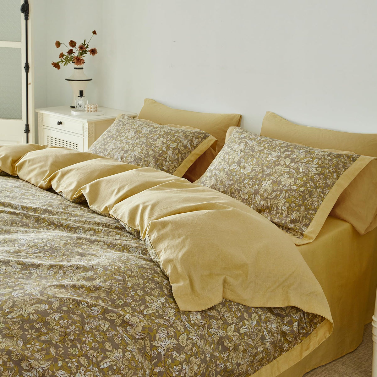 Vintage Taupe Botanical Duvet Cover 100% Cotton 3 Pcs Set