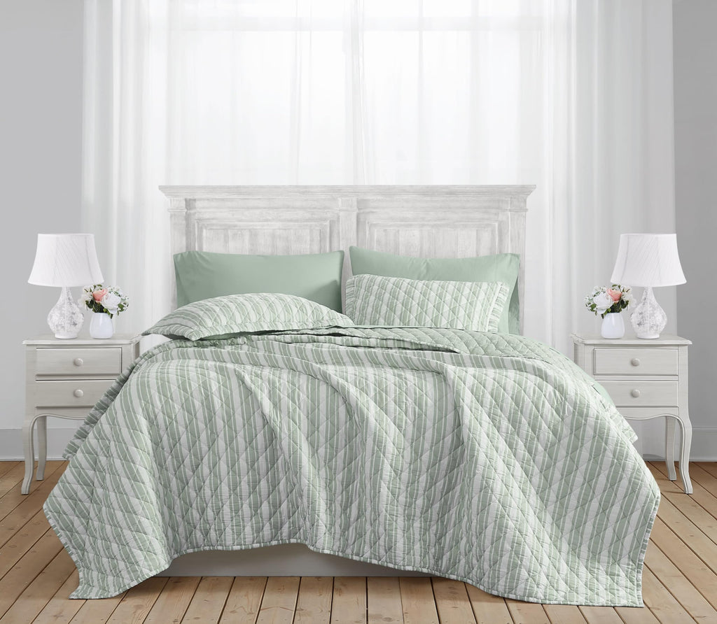Wide Ticking Stripe Green 3 Piece Quilt Set