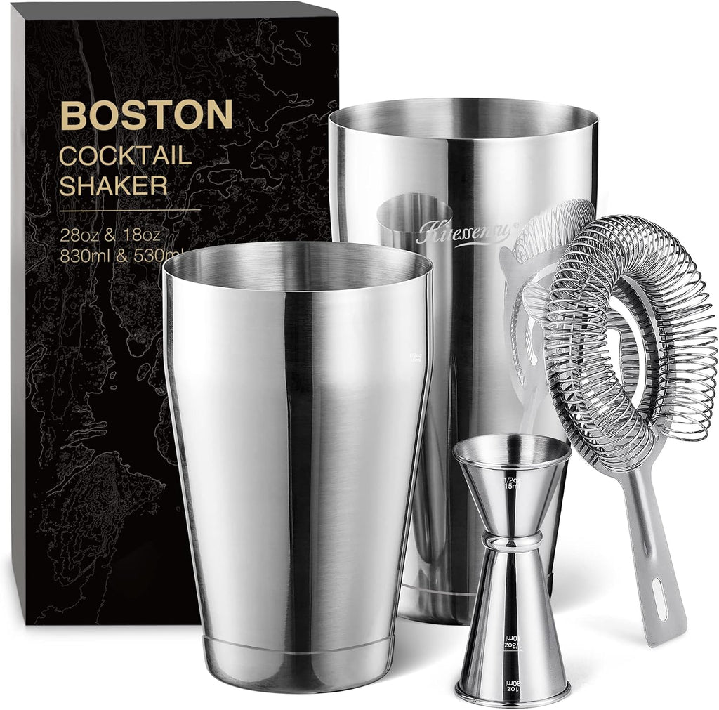 Boston Cocktail Shaker Set, 4-Piece Boston Shaker Tins Bartender Kit with 18oz & 28oz Mixed Drink Shaker, Hawthorne - Set of 4