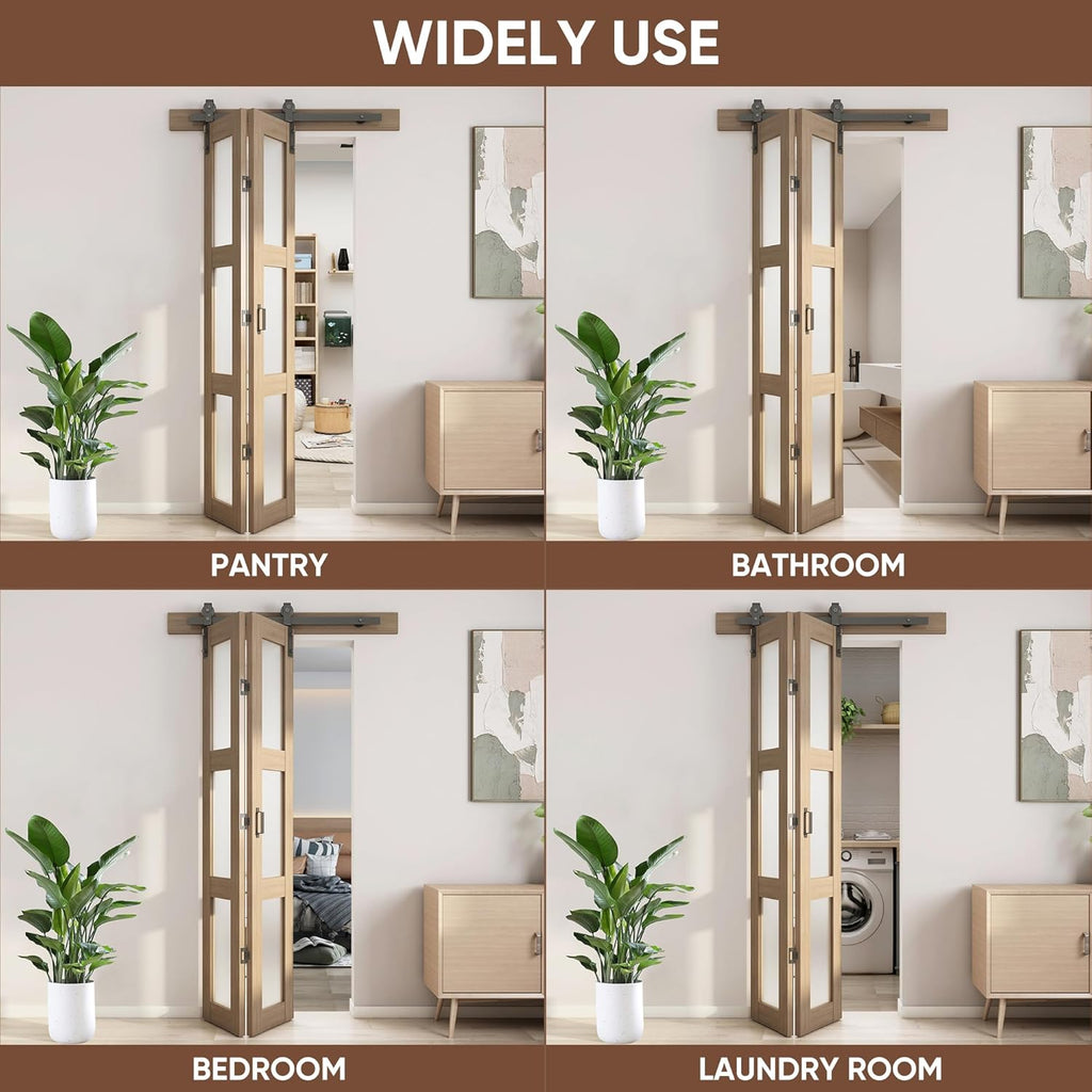 Bifold Glass Barn Door, 32Inch Bi Fold Sliding Barn Door Kit with Hardware Include, 3-Panel Glass Barn Door Slab, Solid Wood Barn Door with MDF & Water-Proof PVC Surface, Brown