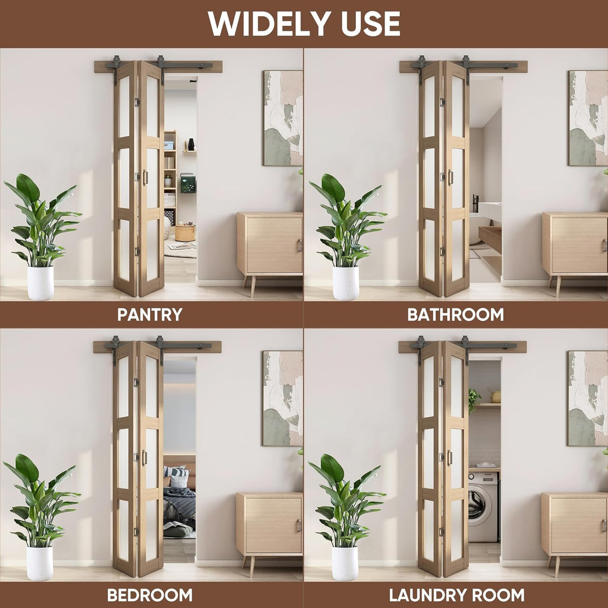 Bifold Glass Barn Door, 32Inch Bi Fold Sliding Barn Door Kit with Hardware Include, 3-Panel Glass Barn Door Slab, Solid Wood Barn Door with MDF & Water-Proof PVC Surface, Brown