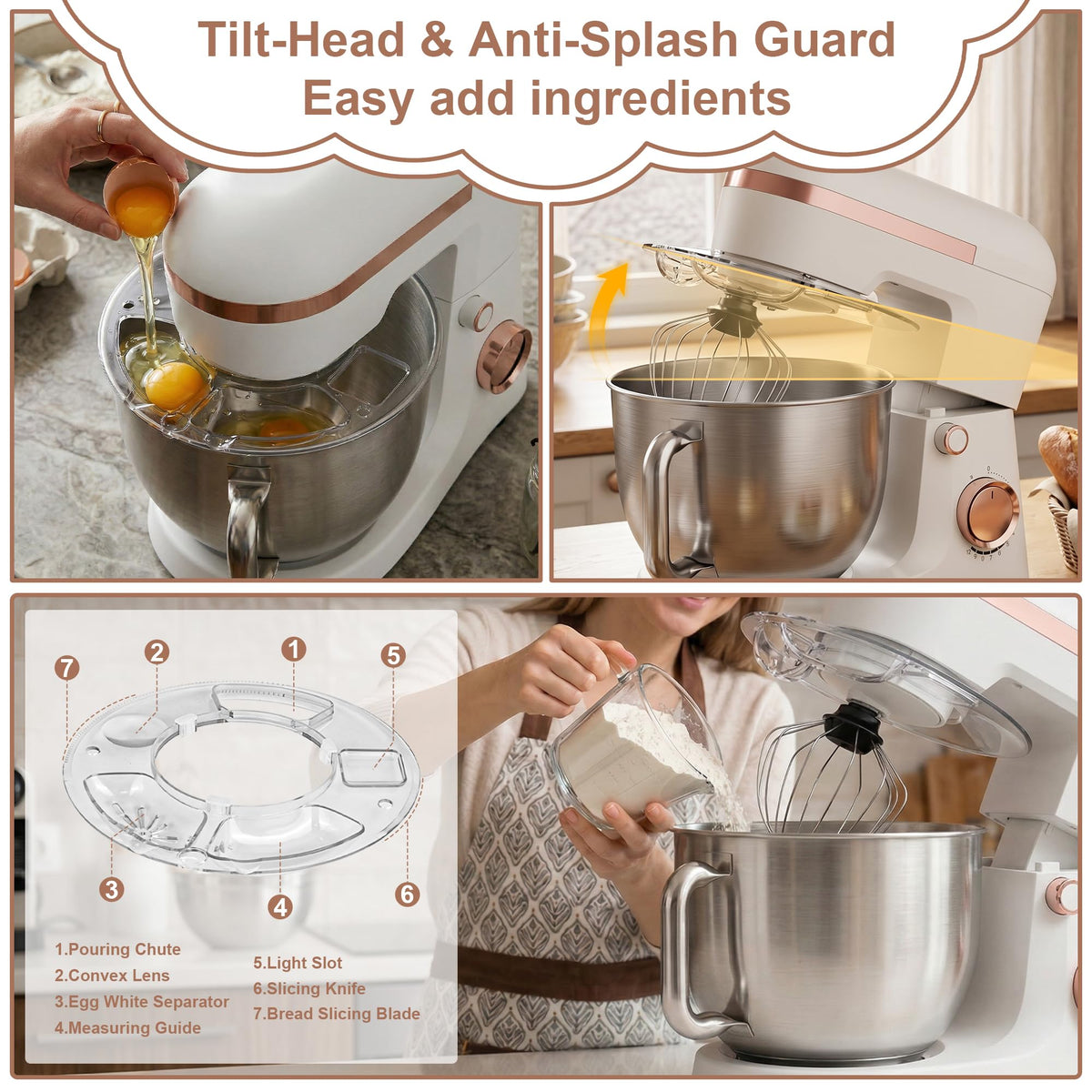 6.5 Qt 10-Speed Tilt-Head Stand Mixer with Dough Hook, Whisk, Beater & Splash Guard, Electric Kitchen Mixer for