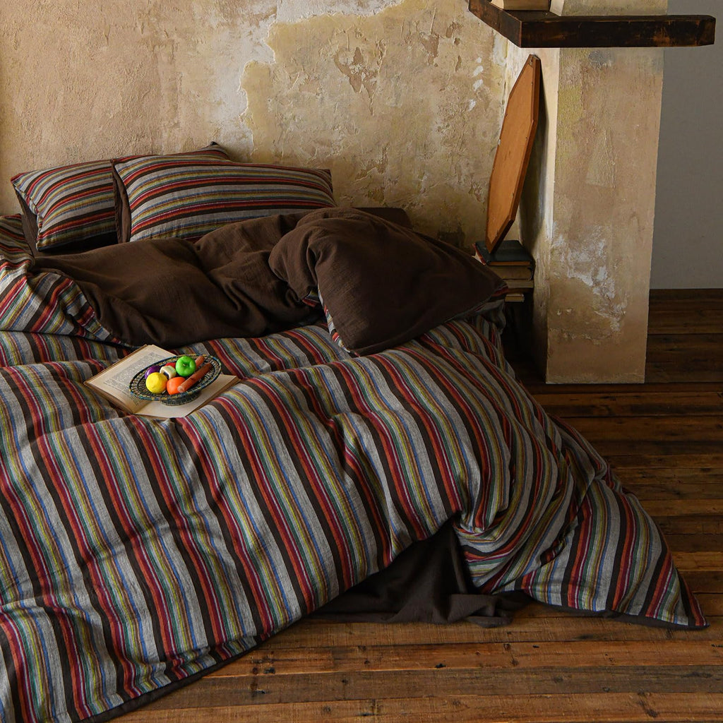 Retro Striped Duvet Cover 100% Cotton Muslin Gauze Bedding Set