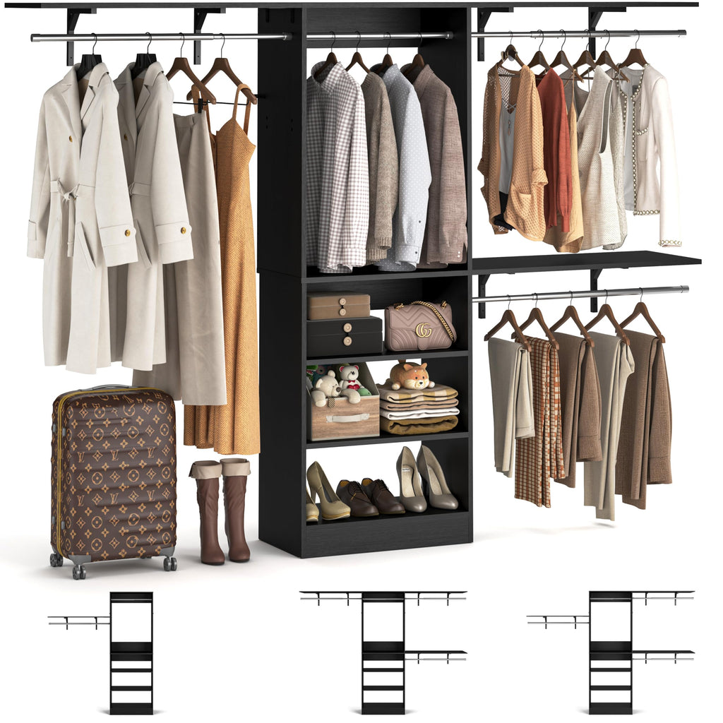 8FT Closet System with 3 Wooden Storage Shelves, 96'' Closet Organizer System with 3 Hanging Rods, Wall Mount Bedroom
