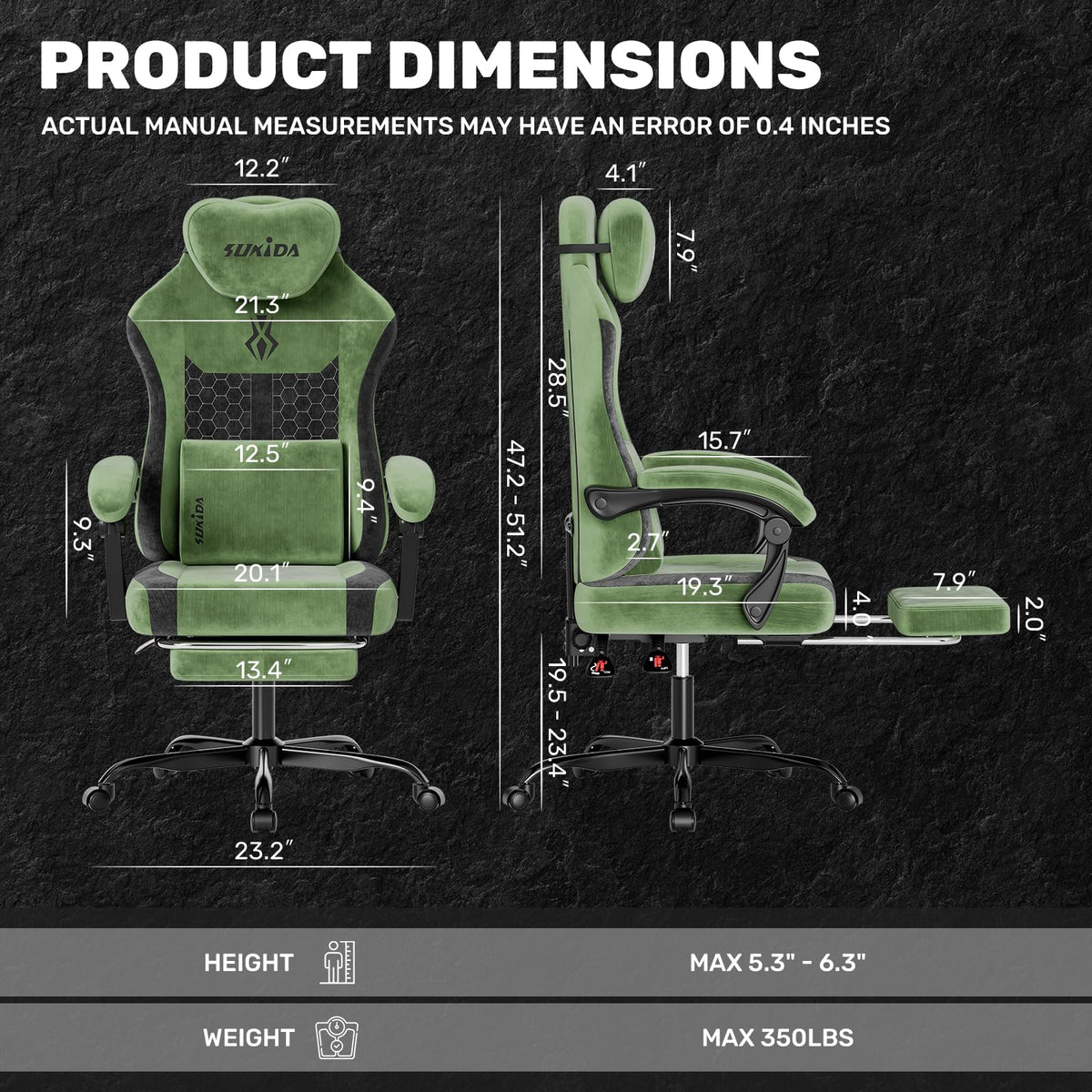 Fabric Video Gaming Chair, Ergonomic High-Back Computer Game Chairs with Large Massage Adjustable Lumbar Support