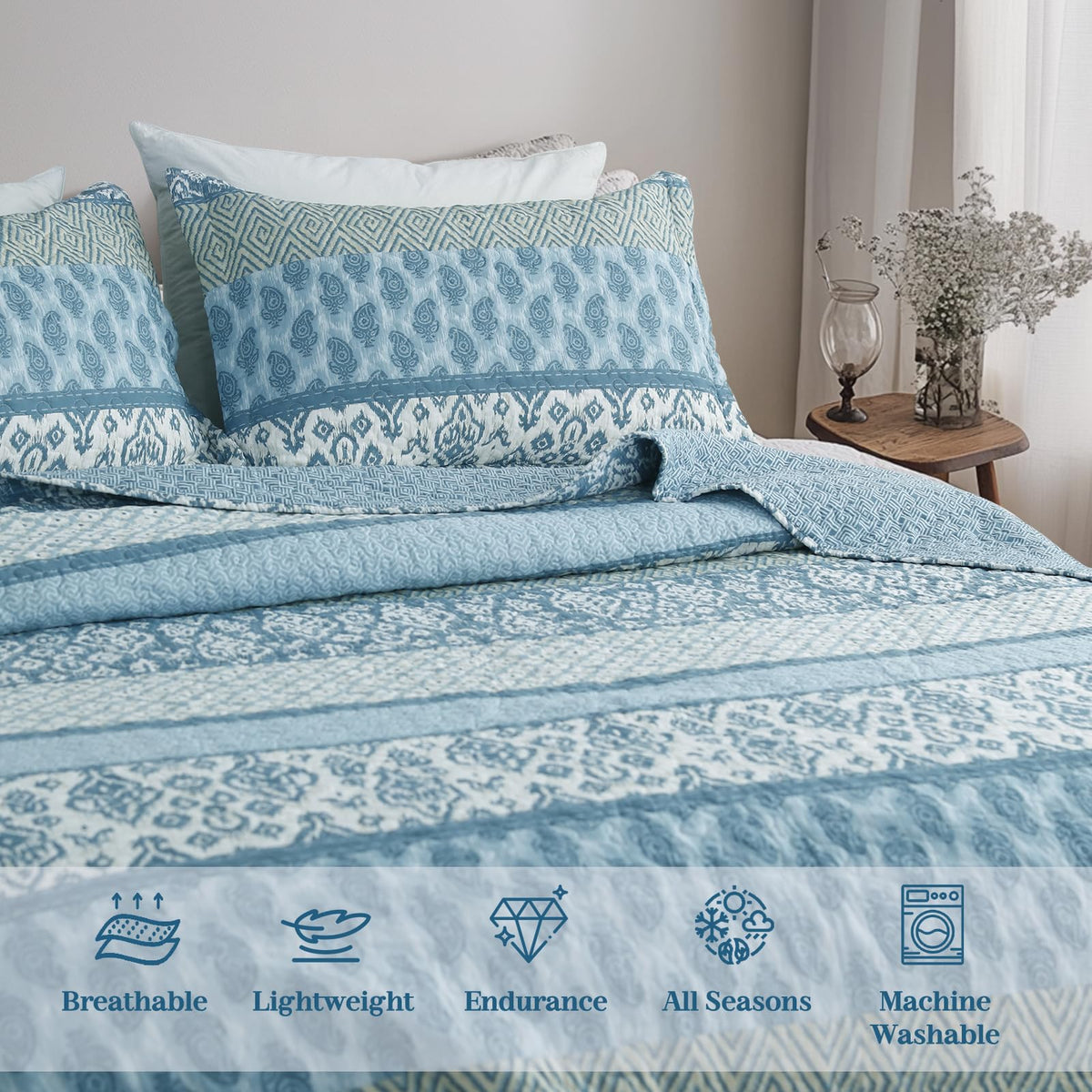 King Quilt Set Lightweight Bedspread Coverlet, Reversible Quilt Bedding Set, 3 Pieces Soft Microfiber Lightweight