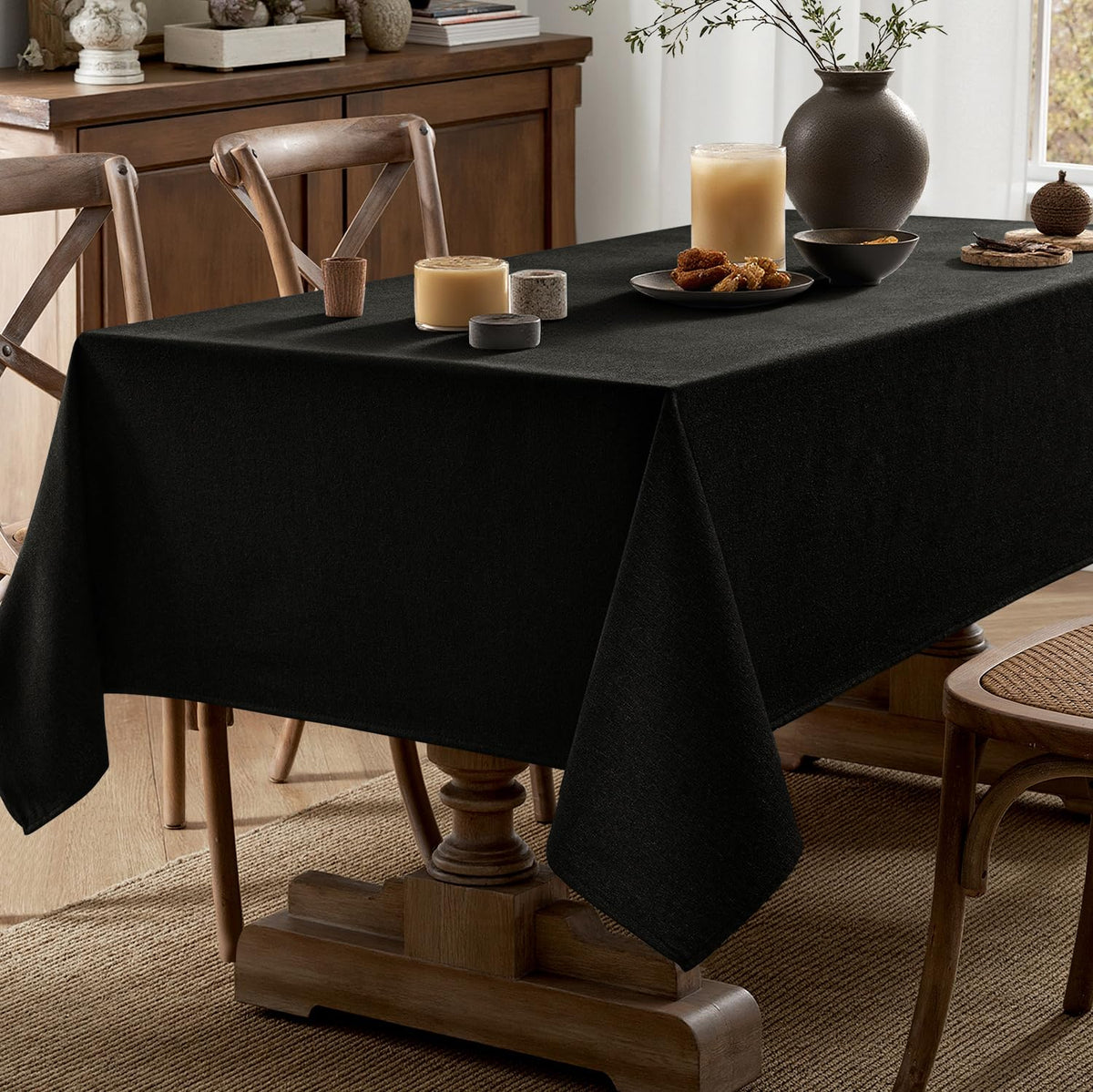 Linen Textured Rectangle Tablecloth 60 x 120 Inch Natural Black