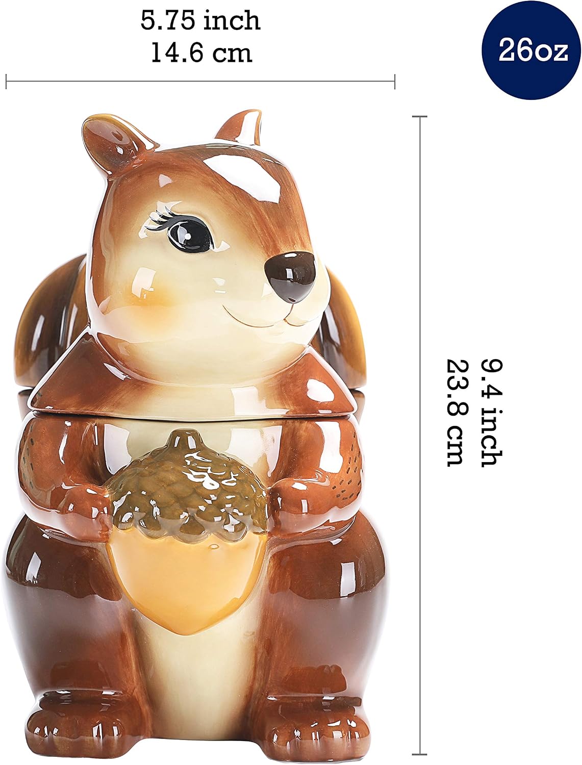 Squirrel 8 inch Air Tight Cookie Jar, Hand Painted Ceramic Container, Dishwasher Safe
